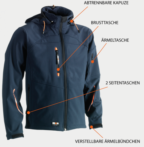 Gr 50 Softshell Jacke orange Arbeitsjacke mit Kapuze Onlineshop kaufen Herock Workwer
