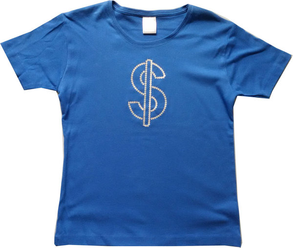 Größe M Damen T-Shirt royalblau $ Pailletten Bestickt Fernsehstar Musik Glitzer Dollar USA Shirt