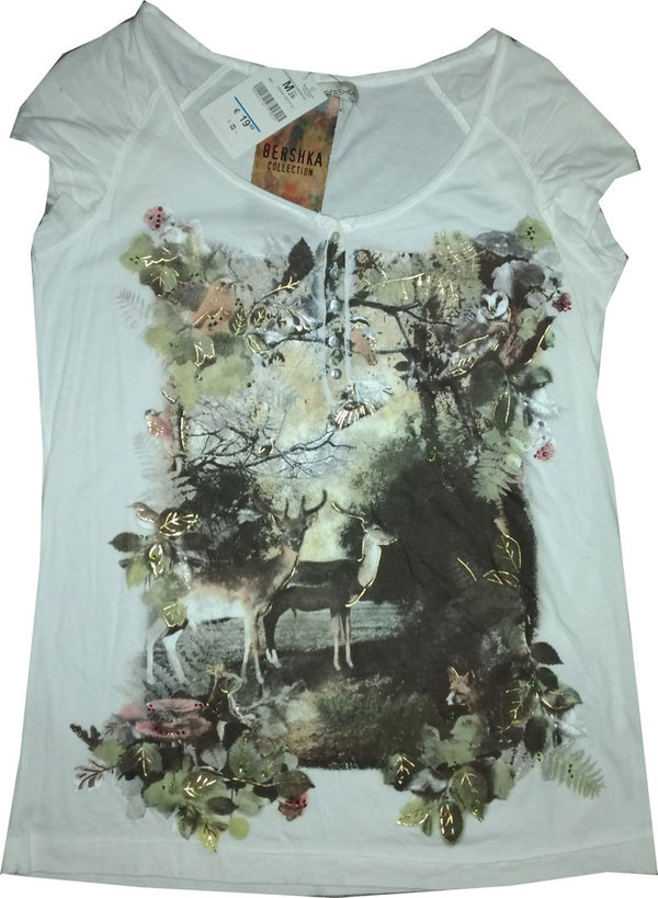 Größe M Damen T-Shirt mit Hirschen Muster kurzer Knopfleiste Bambi Reh Mama Girls