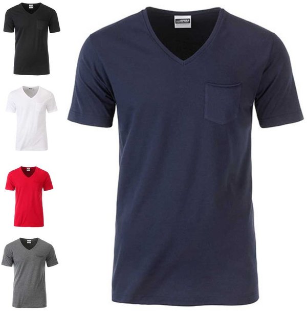 Herren V-Ausschnitt Shirts mit Brusttasche James Nicholson schwarz, weiß, rot, grau, navy