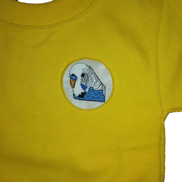 Kinder Sweatshirt Rundkragen mit Motiv Wellensittich in Farbe Blau/Weiß und in Gelb/Grün Vogel