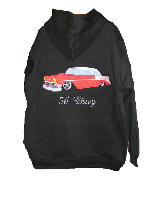 Hoodies Chevy 1956 Kapuzenpullover schwarz USA Auto Stickerei rot silber Geburtstagidee Gestalten