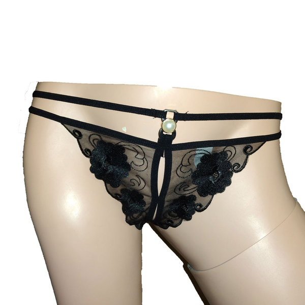 Damen Sexy Unterhose im Schritt offen Größe S-M schwarz Tanga mit Blumen Stickerei Perle