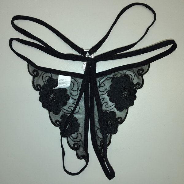 Damen Sexy Unterhose im Schritt offen Größe S-M schwarz Tanga mit Blumen Stickerei Perle