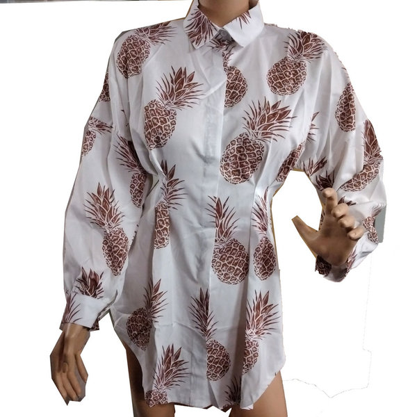 Damen Bluse Sommerhemd Blusenkleid Minikleid mit Motiv Ananas