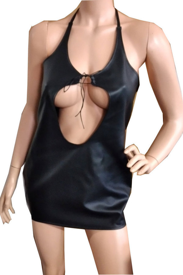 Kleid aus Kunstleder Minikleid Sexy Rückenfreies Damenkleid schwarz mit tiefem Dekolette Bauchfrei