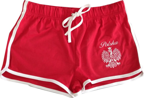 Damen Shorts rot weiß mit Stickerei Polska Polen kurze Sommer Hose WM EM Fanartikel Fußball