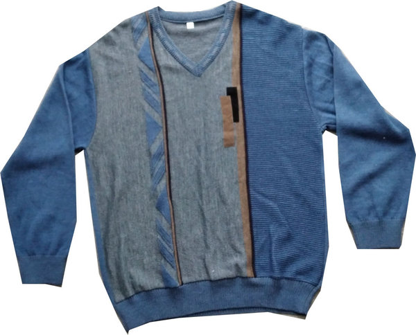 Herrengröße 50 exklusiver Strickpullover Pullover hochwertig hergestellt mit Applikation jeansblau V