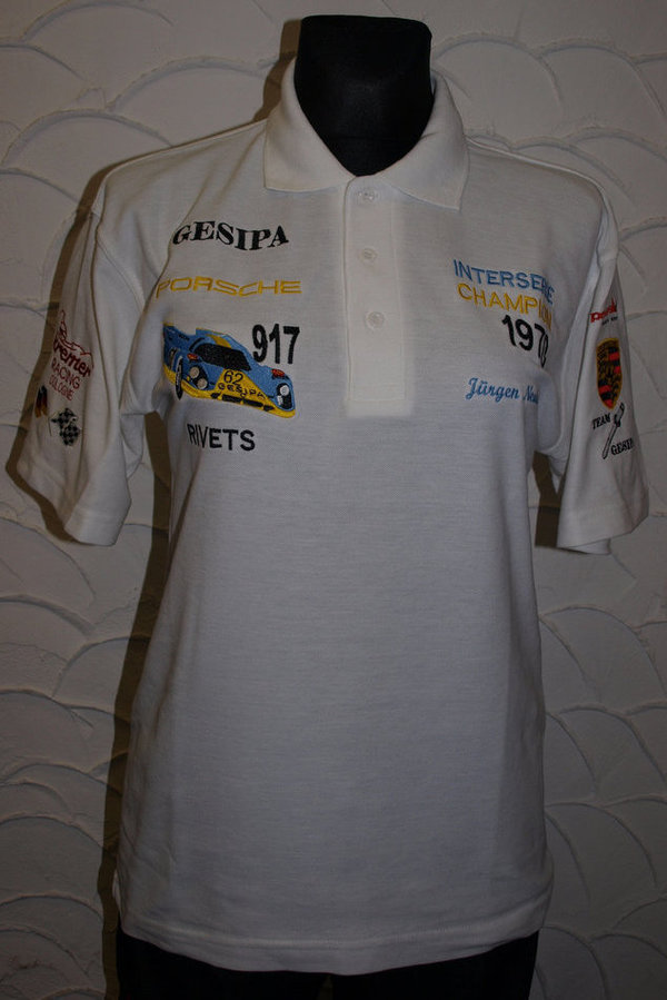 Weißes Poloshirt Gesipa Porsche Interserie Champion aus dem Jahr 1970 Rennfahrer Shirt BESTICKT