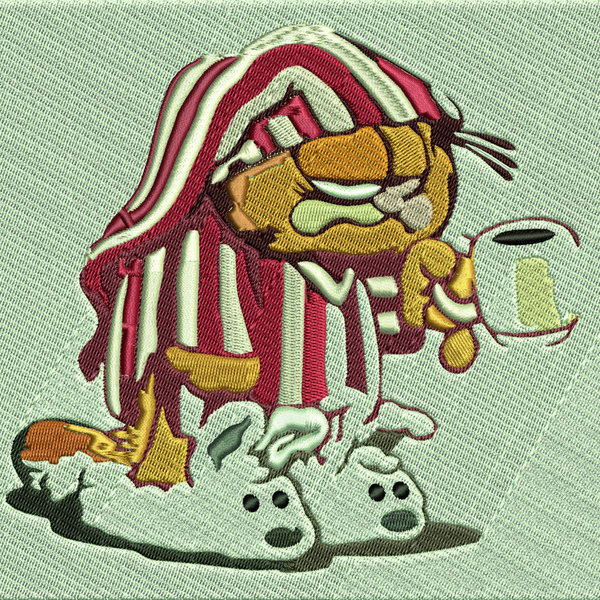 Aufnäher mir Garfield mit Kaffeebecher am frühen Morgen.